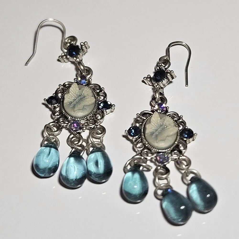 Silver Tone Blue Butterfly Cameo Chandelier Blue Glass Earrings